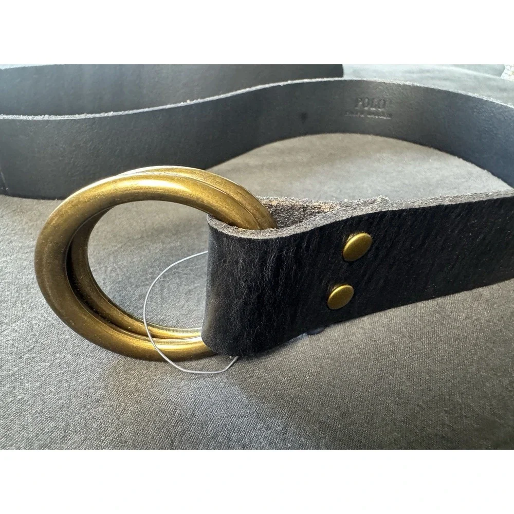 NWT Polo Ralph Lauren Womens Black Leather Double O-Ring Belt Brass Buckle S